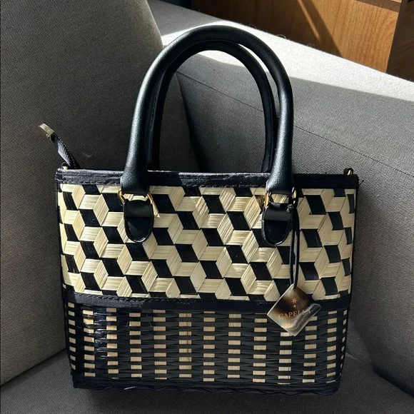 Woven Black & Cream Tote Bag - Designer Style - Picture 7 of 7
